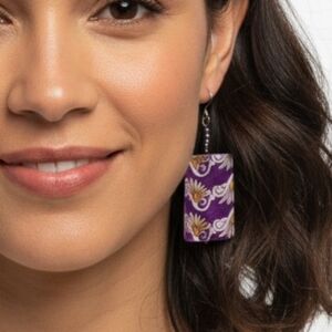 Handcrafted Purple Floral Women’s Rectangular Drop Earrings